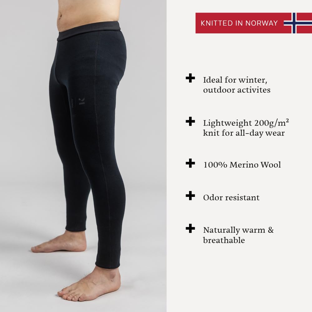 Janus Wool Kleveland Merino Thermal Underwear for Men - 100% Wool - Soft, Comfortable Base Layer for Warmth - Winter Sports, Outdoor Training, Ski Touring & Everyday Cold Weather Gear - Large Black