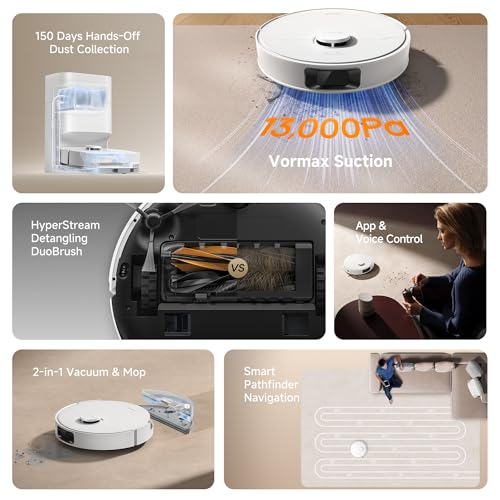 DREAME D20 Plus Robot Vacuum and Mop, 13,000Pa Suction, Self-Emptying with 5L Dust Bag, DuoBrush for Pet Hair, LDS Mapping, App & Voice Control, 5200mAh Battery, Ideal for Hard Floors & Carpets