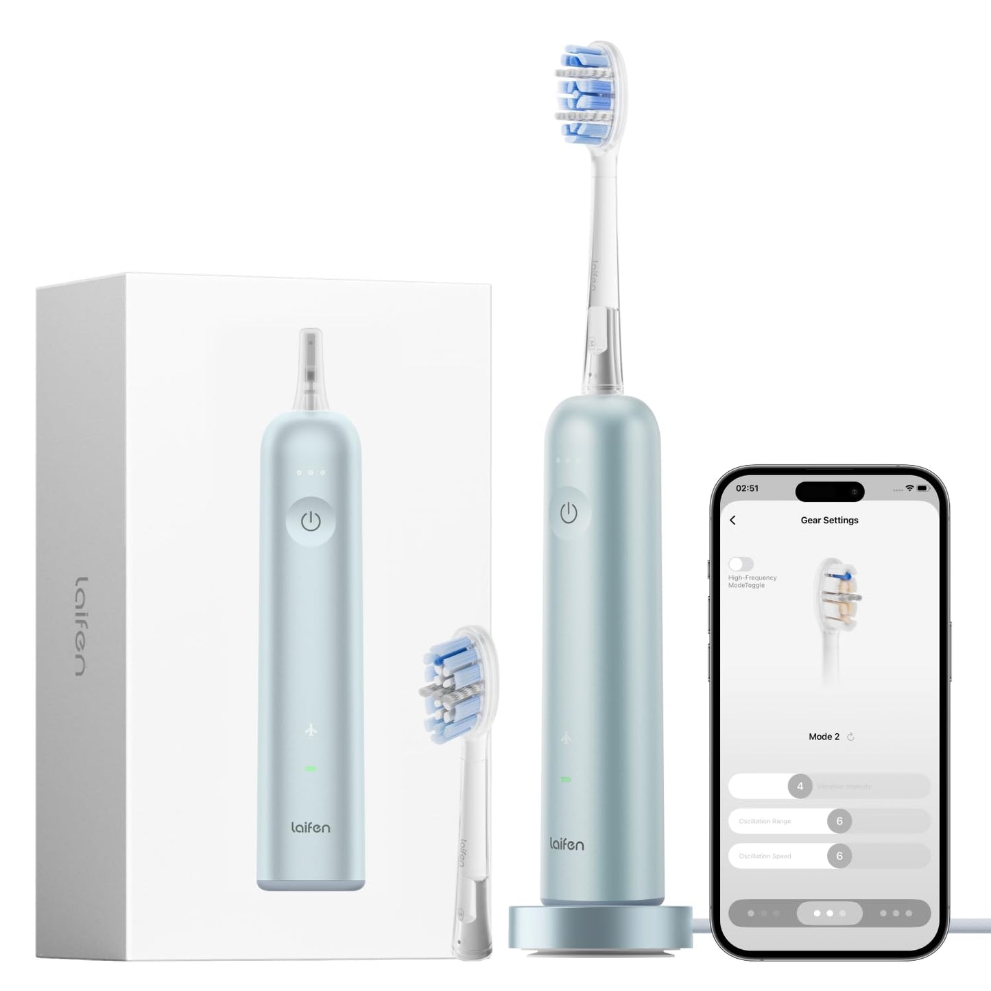 Laifen Wave Pro Sonic Electric Toothbrush for Adults – 2026 Model, 60° Oscillations for Ultra-Clean, Smart App, 70-Day Battery, 2 Brush Heads (Blue Aluminum)