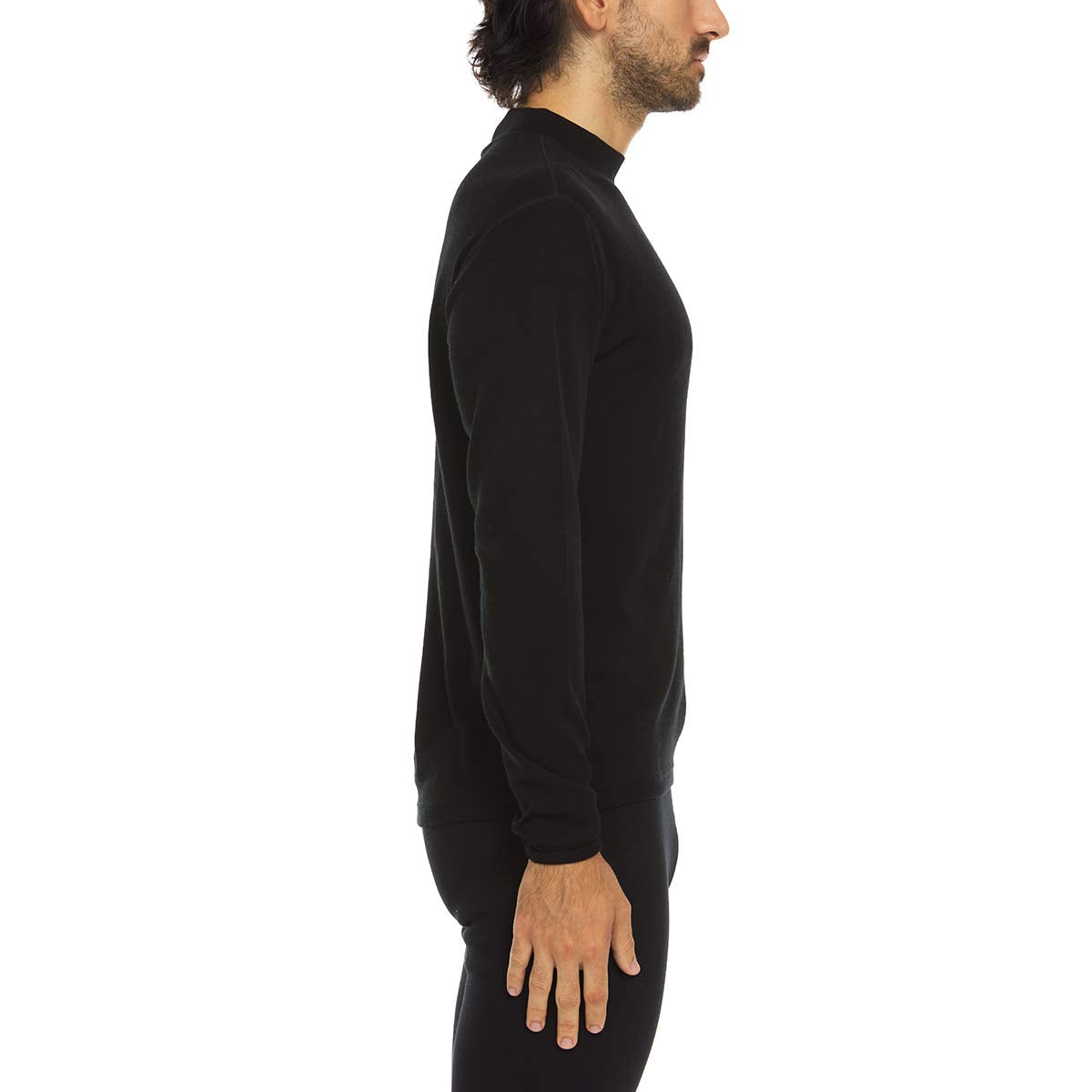 100% Merino Wool Men's Midweight Mock Neck - Base Layer Top - Warm Under Shirt - Black - Large