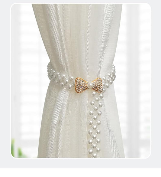 Funny live Curtain Tiebacks, 2 Pack Curtain Ties Outdoor Elegant Decorative Tie Backs Modern Pearl Tiebacks for Drapes Window Curtain Holdbacks for Draperies Accessories (Pearl Bow)