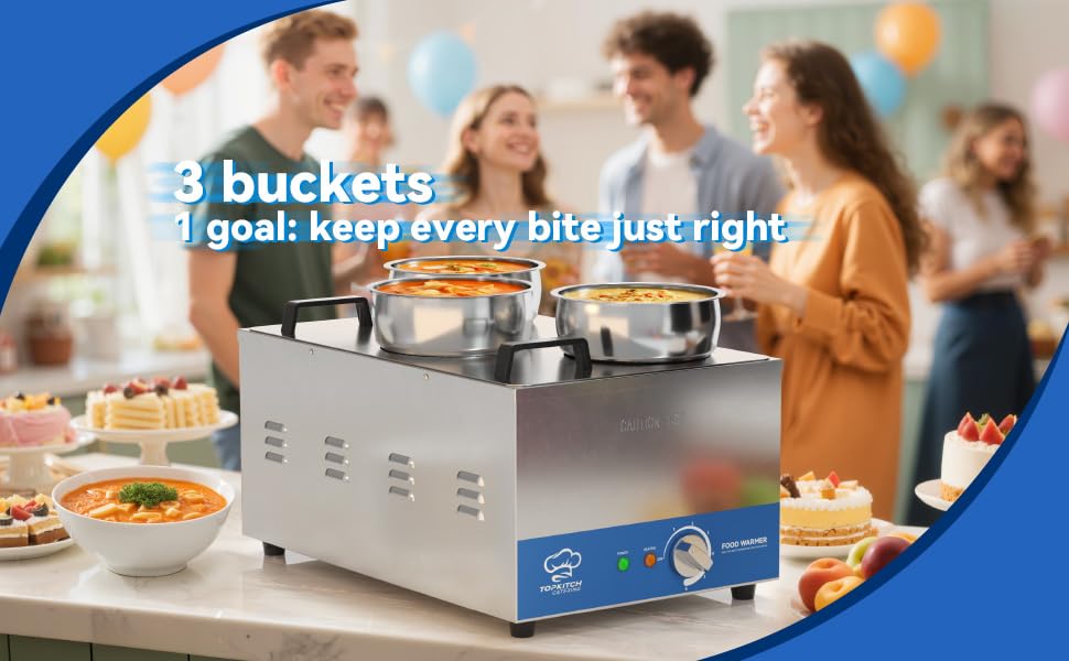 TOPKITCH Commercial 12L Soup Warmer with 3×4L Pot Buffet Bain Marie， Commercial Electric Food Warmer, Seamless One-Piece Tank, 30-85℃ Adjustable Temp Range, UL Certified Key Components-120V,1200W
