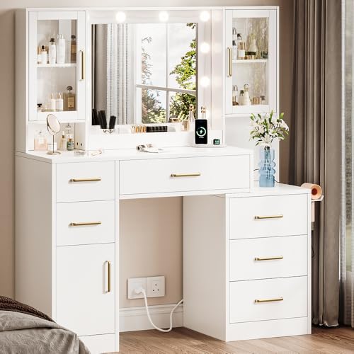 lertrugs Makeup Vanity Desk with Mirror and Lights, 51”Makeup Vanity Table with Lighted Mirror, Nightstand Dressing Table with Mirror and Lights, Big Vanity with 6 Drawers & Lots Storage Space White