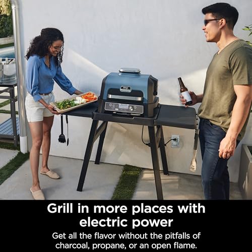 Ninja OG951 Woodfire Pro Connect Premium XL Outdoor Grill & Smoker, Bluetooth, App Enabled, 7-in-1 Master Grill, BBQ Smoker, Outdoor Air Fryer, Woodfire Technology, 2 Built-In Thermometers, Black/Blue