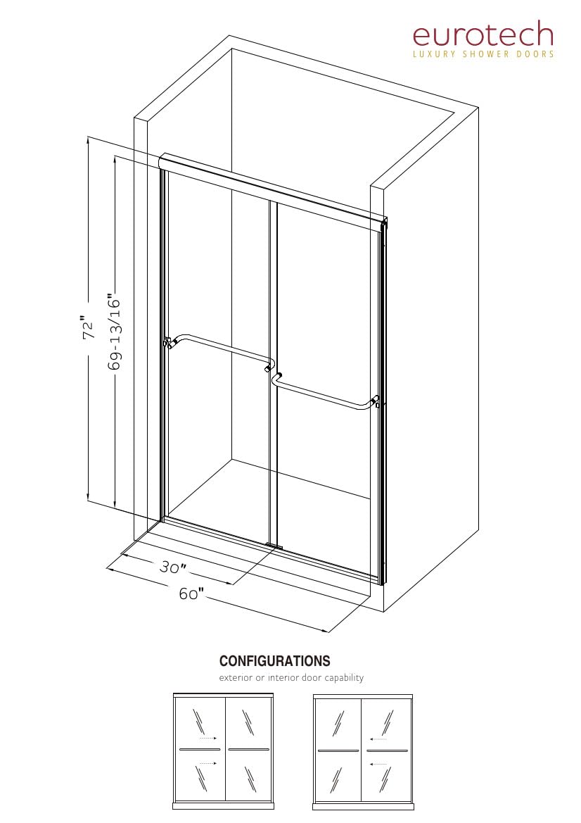 EUROTECH SHOWERS Classic 56-59" W x 72" H Semi-Frameless Double Sliding Glass Shower Door with 1/4" Clear Tempered Safety Glass (Brushed Nickel)