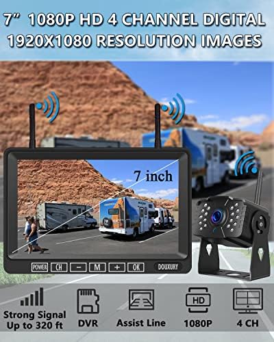 RV Backup Camera Wireless DOUXURY IP69 Waterproof 170° Wide View Angle HD 1080P Rear View Camera + HD LCD 7" Monitor, Digital Wireless Camera System for RV Truck 5th Wheel Trailer Pickup Camper Bus