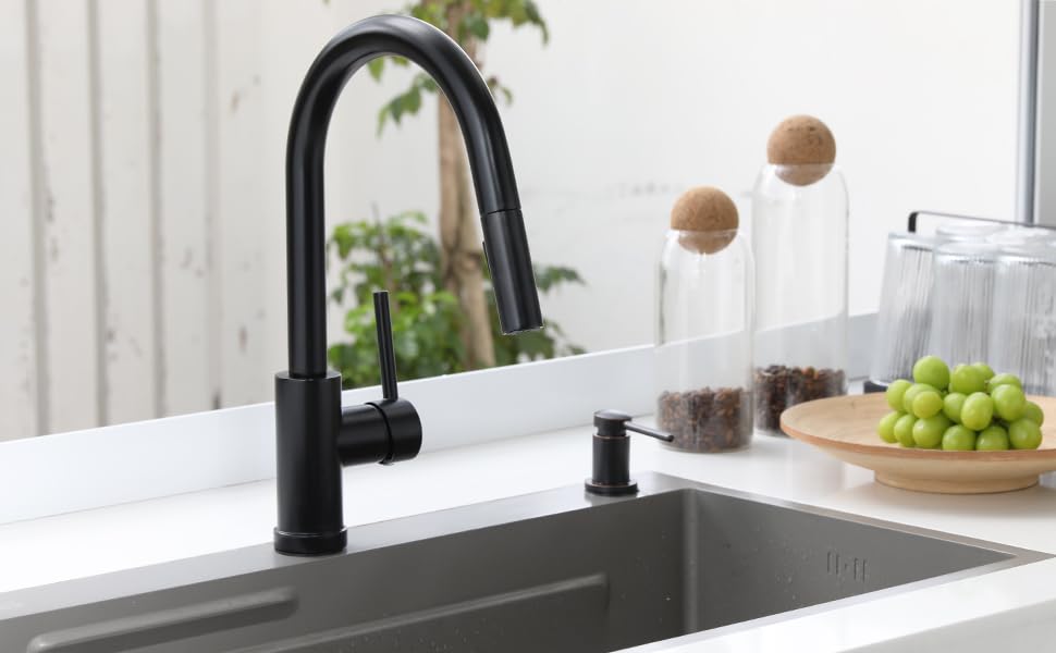 Lava Odoro Matte Black Kitchen Faucet with Pull Down Sprayer, Modern Kitchen Sink Faucet Single Hole Black Faucet for Kitchen Sink with 2-Function Spray Head, Deck Plate Included, KF1120-MB