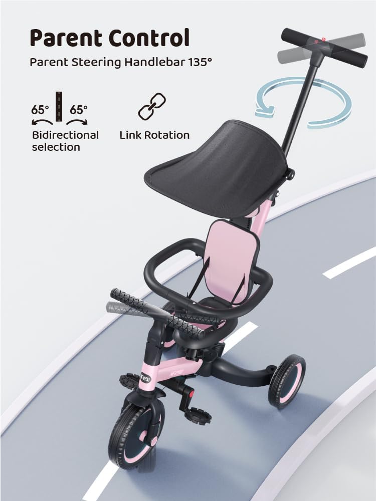 newyoo Tricycle for Toddlers 1-3, Toddler Tricycle with Push Handle and Canopy, Toddler Bike, Birthday Gift and Toys for Girl and Boy, 6 in 1 Baby Trike, Balance Bike, TR009, Pink
