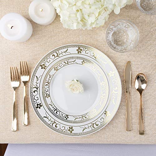 125-Piece White and Gold Floral Fancy Plastic Plates Disposable with Silverware, Elegant Dinnerware for Weddings, Holiday Party China, Set of 25 Dinner + Salad Plates, 25 Spoons, 25 Forks, 25 Knives