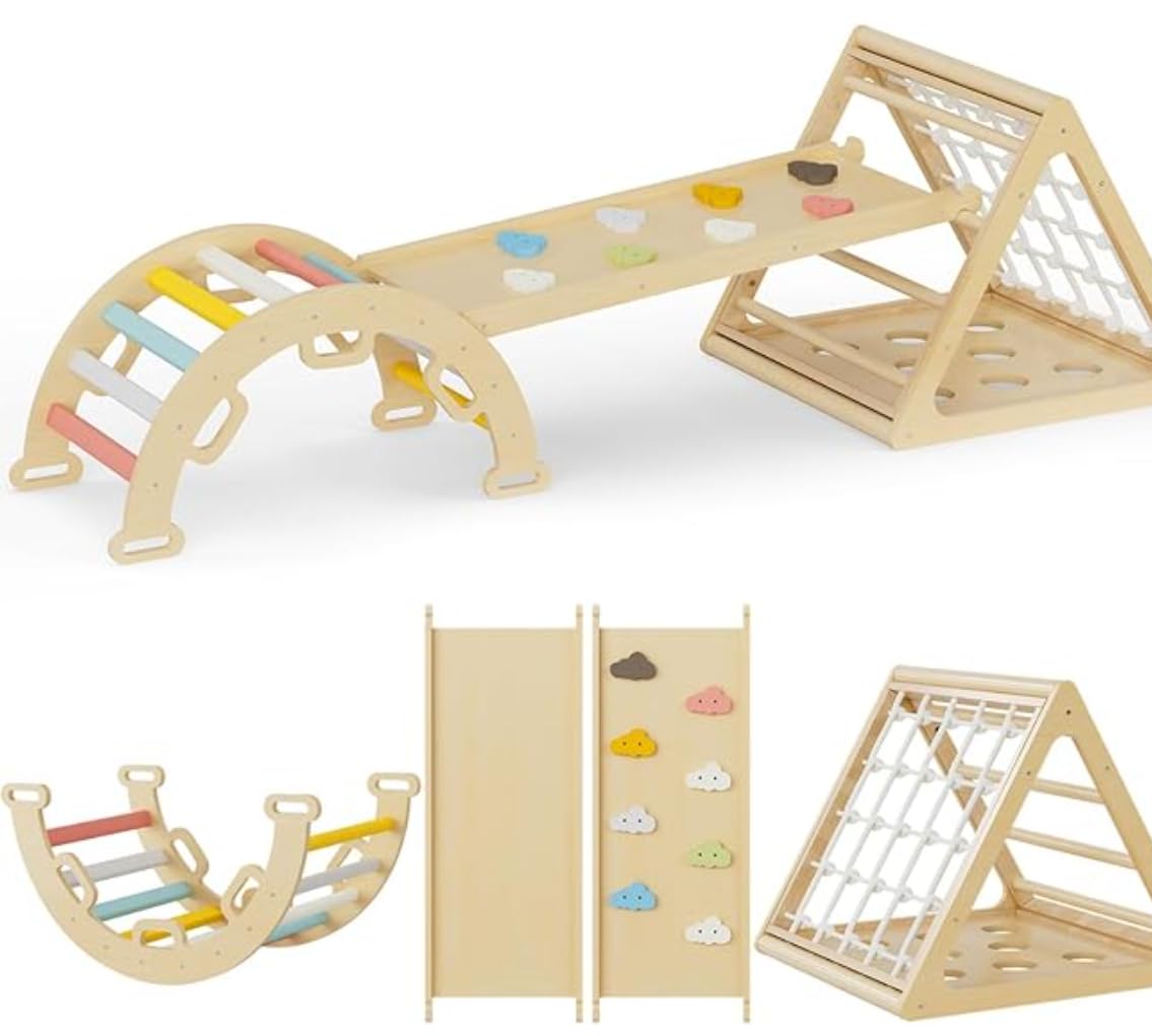 NEOCOZY Pikler Triangle Set with Cushion, Arch and Slide, Toddler Climbing Toys Indoor Playground, Montessori Climbing Set, Indoor Jungle Gym, Wooden Pickler-3 Piece Climbing Gym for Kids 1.5-6yr