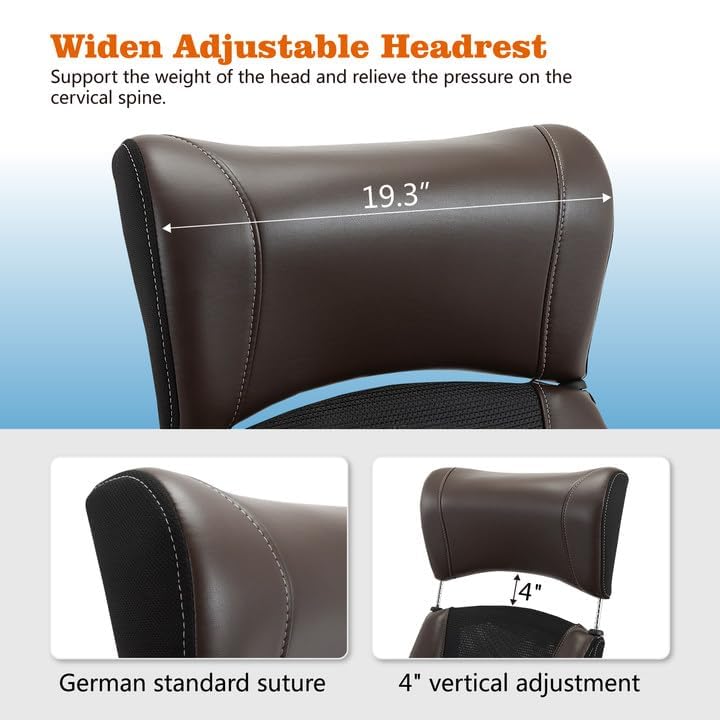 Clearance Executive Office Chair, Ergonomic Leather Desk Chair - Widened Adjustable Headrest with Flip-Up Arms, High Back Computer Swivel Task Chair with Lumbar Support, Brown