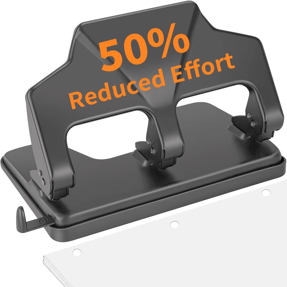 Heavy Duty 3 Hole Punch, 40-Sheet Heavy Duty Paper Punch, 50% Reduced Effort 3-Hole Punch, AFMAT Metal Hole Puncher 3 Ring, Three-Hole Paper Puncher w/Large Chip Tray for Classroom, Office, Blue