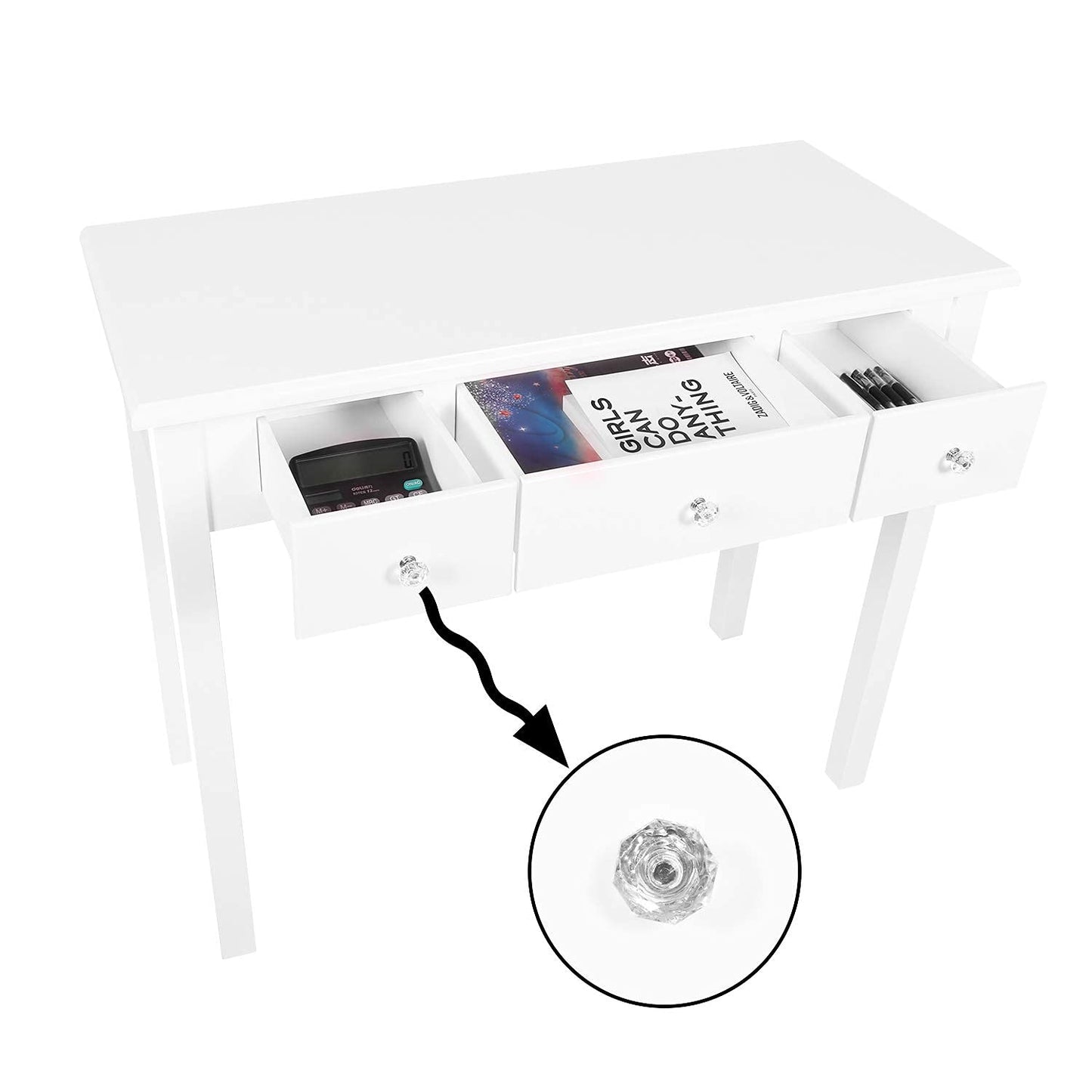 STHOUYN Home Office Small Writing Desk with Drawers Bedroom, Study Table for Adults/Student, Vanity Makeup Dressing Table Save Space Gifts White (White)
