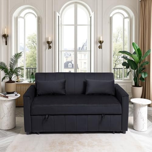Trygoal 3 in 1 Convertible Sofa Bed, Pull Out Couch with Side Pockets, Velvet Fabric Loveseat Sleeper Sofa Bed, Pull Out Couch with Adjustable Backrest for Living Room, Bedroom, Apartment, Black