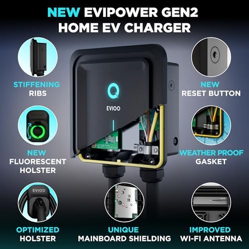 EVIQO Level 2 EV Charger, 40 Amp, J1772 for Non-Tesla EVs, 25ft Cable, WiFi (2.4GHz) Smart App, Weatherproof Indoor/Outdoor (IP66, NEMA 4), UL & ETL Certified, NEMA 14-50 Plug-in 240V, 9.6kW