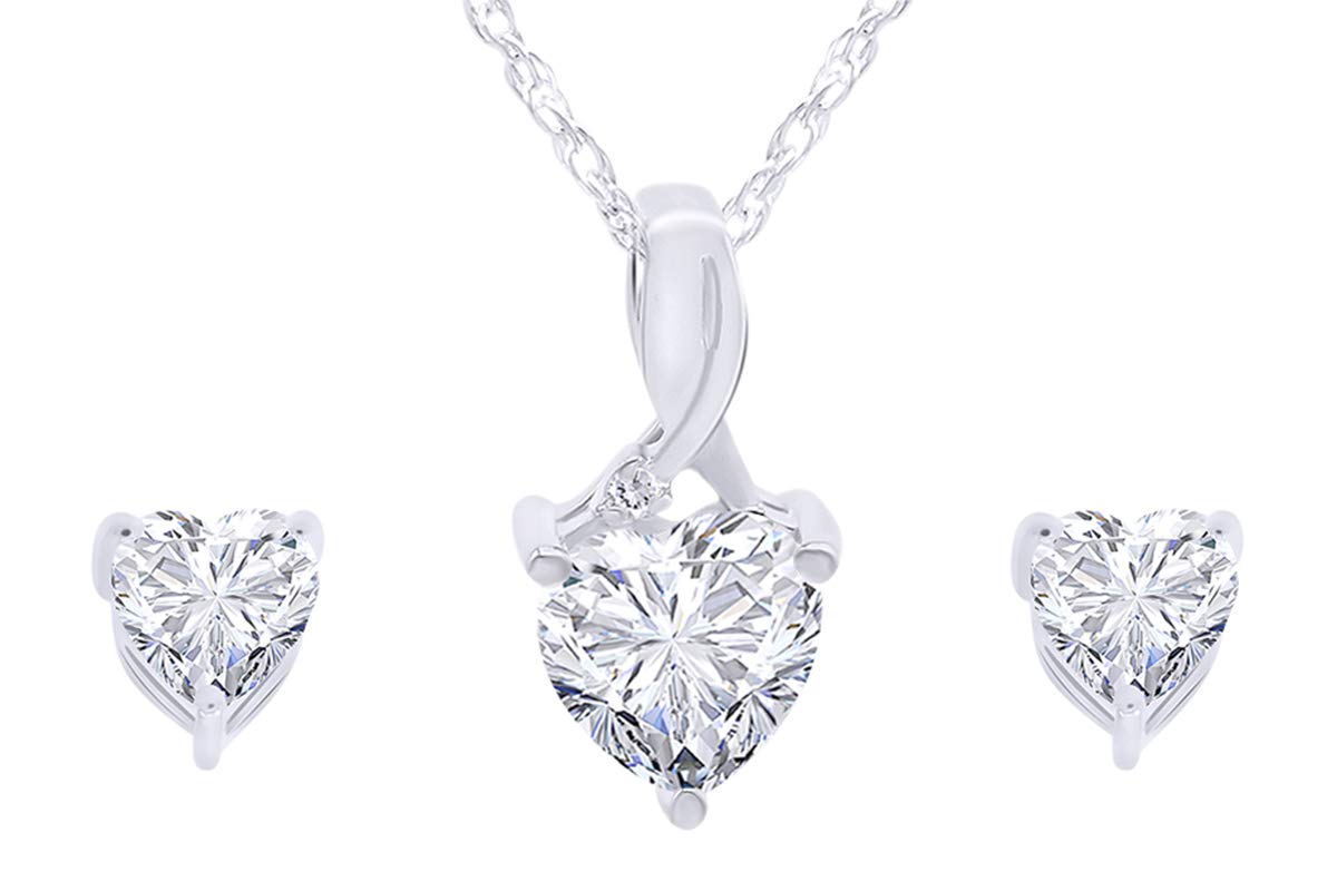 Heart-Shaped Simulated White Sapphire & Round Diamond Accent Pendant Necklace & Earrings Set for Women in 14K Gold Plated 925 Sterling Silver, 18" Rope Chain & Push Backs, Elegant Jewelry Gift