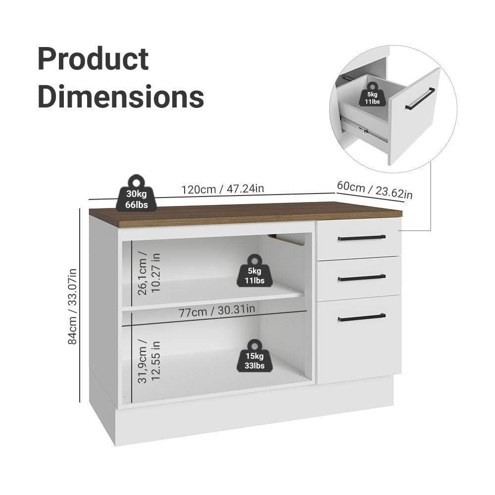 Madesa Heavy-Duty Garage and Utility Room Base Storage Cabinet with 2 Doors and 3 Drawers Storage Shelves 47 Inch Wooden Organization Unit - White