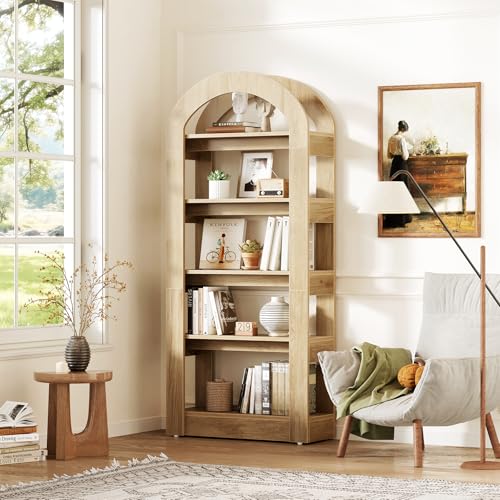 LITTLE TREE 5-Tier Bookshelf, Arch-Shaped Racks, Tall Standing Wooden Bookcase Display Shelf Modern Storage Solution (1, Teak Color)