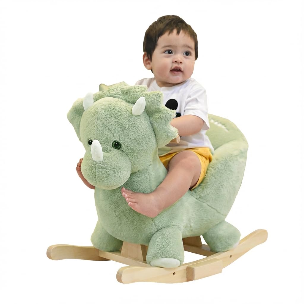 Rock My Baby Rocking Horse Green Dinosaur with Chair, Plush Stuffed Animal Rocker for Toddlers 1-3, Baby Rocker with Sweet Music, Wooden Rocking Horse Baby Animal Rocker,CPC Certified