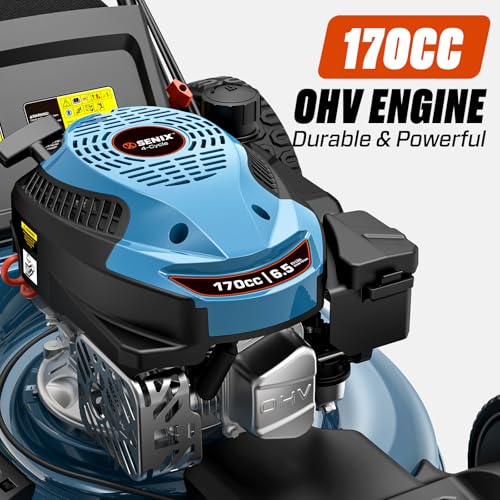 SENIX 21'' Self-Propelled Gas Lawn Mower, 170 cc 4-Cycle Engine 3.8 HP, 3-in-1 (Bagging/Mulching/Side Discharge), 6-Position Cutting Height Adjustment, 1.7 Bushels Grass Bag