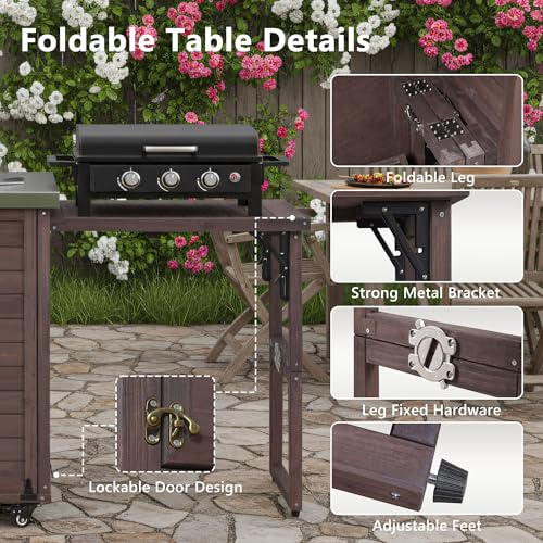 Merax 78.3" Outdoor Kitchen Island with Foldable Grill Table, Solid Wood Grill Cart with Storage & Stainless Steel Top, Bar Cart for Lawn & Garden, Dark Brown