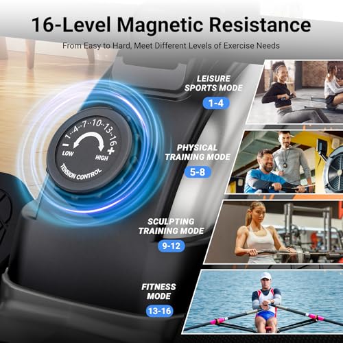 Dripex Rowing Machines for Home Use, Rowing Machine Magnetic Rower, Max 360 LBS, 16 Levels of Workout Resistance, Dual Slide Rail, Bluetooth App Compatible, LCD Monitor, Row Machine for Gym Exercise