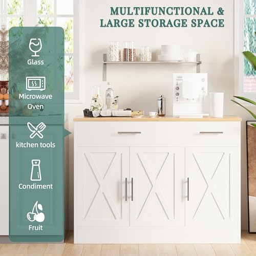 Shintenchi Modern Farmhouse Sideboard Buffet Cabinet with Storage with 3 Doors,42" Barn Doors Buffet Cabinet with Storage, Wood Coffee Bar Cabinets with Adjustable Shelf for Kitchen Living Room,White