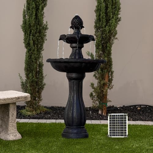 XBrand 44" 2-Tier Solar Water Fountain, Fiberglass/Resin Outdoor Fountain with Solar Panel & Auto Shut-Off Pump, Dark Brown