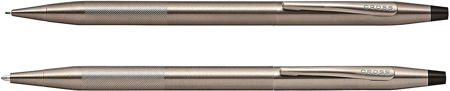 AT CROSS Cross Century Classic Titanium Gray finishes with a Band of Diamond Cut Micro-Knurl Detailing Barrel Ballpoint Pen and 0.7MM Pencil Set