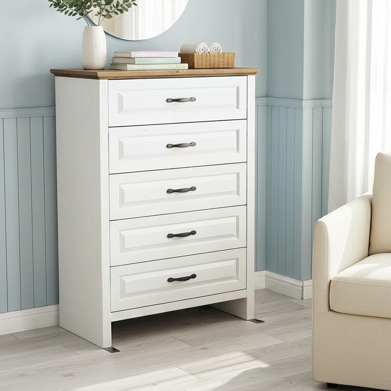 Marsail Farmhouse 5 Drawer Dresser, Wood Chest of Drawers with Natural Texture, Smooth Gliding Drawers, Versatile Storage Organizer Cabinet for Bedroom & Living Room, White and Brown