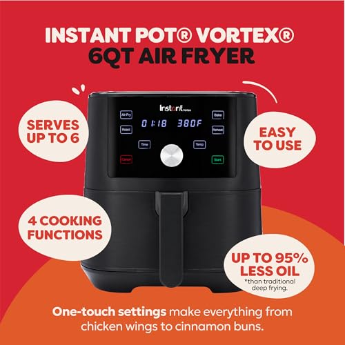 Instant Pot Vortex 6QT XL Air Fryer, 4-in-1 Functions that Crisps, Roasts, Reheats, Bakes for Quick Easy Meals, 100+ In-App Recipes, is Dishwasher-Safe, from the Makers of Instant Pot, Black