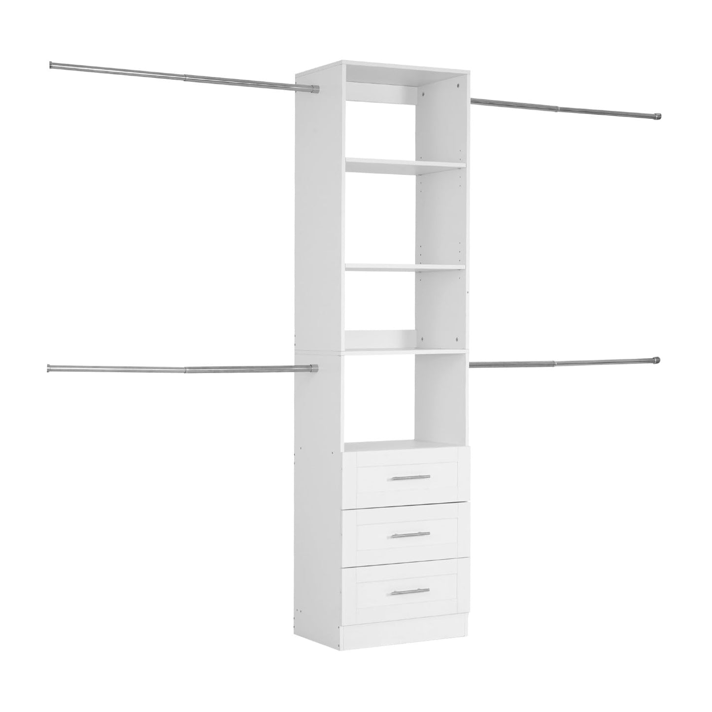 VEVOR Closet System with 3 Drawers, Adjustable Height Wooden Closet Organizers, Modern Walk-in Wardrobe Organization with 4 Retractable Clothes Hanger Rods, Freestanding Garment Rack Storage, White