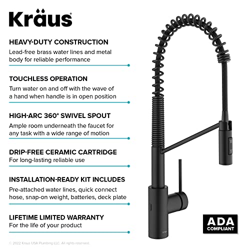 KRAUS Oletto Touchless Sensor Commercial Pull-Down Single Handle Kitchen Faucet with QuickDock Top Mount Assembly in Matte Black