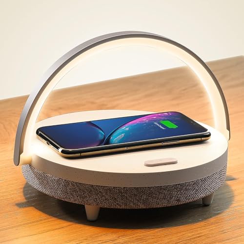 EZVALO Gift for Her, Music Table Lamp with Wireless Charger, 4 in 1 Touch Bedside Lamp, Portable Bluetooth Speaker, Phone Holder, Dimmable LED Night Lights Birthday Gifts for Women, Men, Dad, Mom
