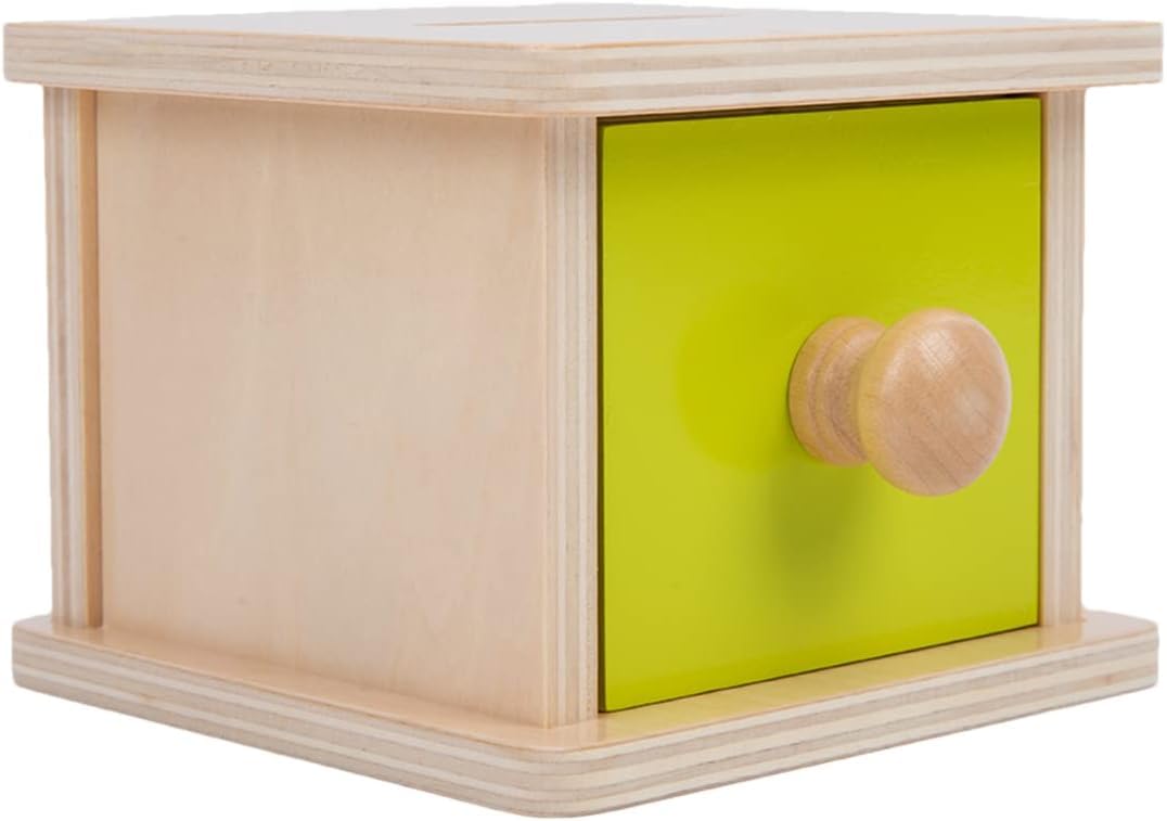 Adena Montessori Coin Box,Object Permanence Box for 1 Year Old Baby Coins,Wooden Ball Drop Developmental Toys for 6-12 Month Infant Toddler,Learning Kids Gifts(Yellow-Green Door)
