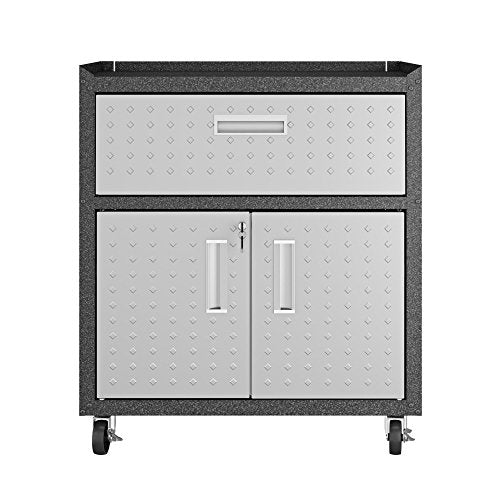 Manhattan Comfort Fortress Textured Metal 31.5" Garage Mobile Cabinet with 1 Full Extension Drawer and 2 Adjustable Shelves, Black/Gray