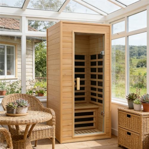 Kanlanth 1 Person Infrared Sauna, Low EMF FAR Infrared Saunas for Home, 1200 watt Canadian Hemlock Indoor Sauna Room with LED Reading Lamp, LCD Display Control, Blue-Tooth Audio