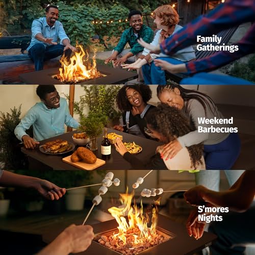 East Oak 28" Outdoor Propane Fire Pit Table | 50,000 BTU Gas Fire Pit Table for Outside with Magnetic Lid | Storage Basket & Lava Rocks | CSA Certified for Patio, Garden & Backyard | Brown