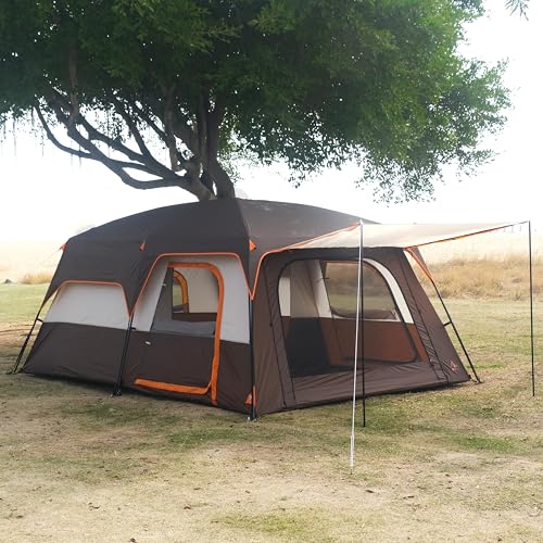 KTT Extra Large Tent 12 Person,Family Cabin Tents,2 Rooms,3 Doors and 3 Windows with Mesh,Straight Wall,Waterproof,Double Layer,Big Tent for Outdoor,Picnic,Camping,Family Gathering(Brown)