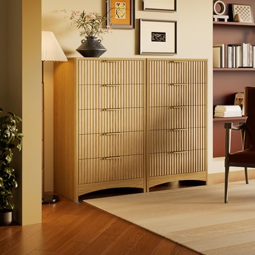 Marsail Fluted 5-Drawer Tall Wooden Dresser, Smooth Gliding Drawers & Large Capacity Storage Space, Modern Organizer Cabinet for Bedroom or Hallway, Natural Oak