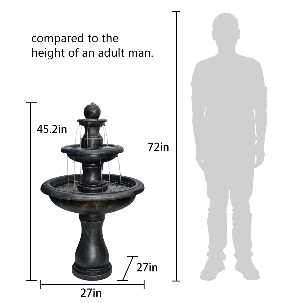SunJet 45.2" High 3-Tiers Modern Concrete Outdoor Water Fountain - Round Large Outdoor Fountains and Waterfalls for Garden, Patio, Yard, and Deck Decor, Featuring Natural Stone Look (Black, 45.2inch)