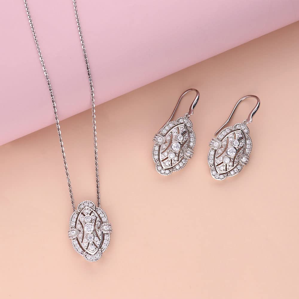 BERRICLE Sterling Silver Vintage Inspired Art Deco Cubic Zirconia CZ Milgrain Fashion Necklace and Earrings Set for Women, Rhodium Plated