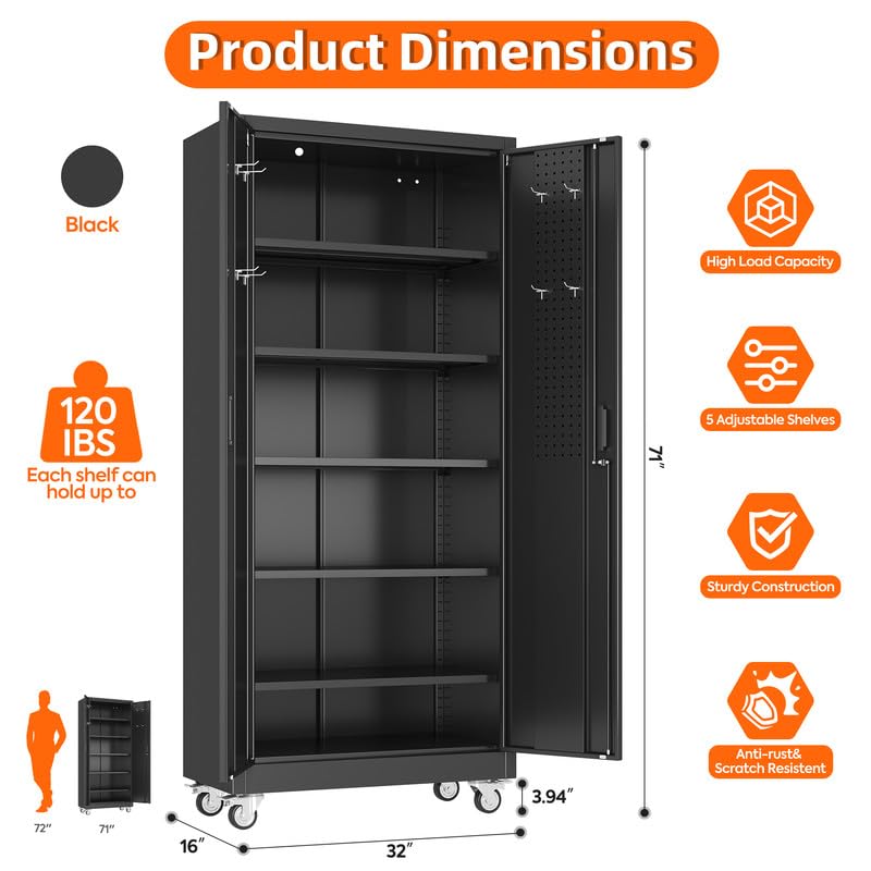 Aobabo Garage Storage Cabinet with Door Pegboard,Lockable Metal Storage Cabinet with 5 Adjustable Shelves for Garage Home,Required Assembly,Black