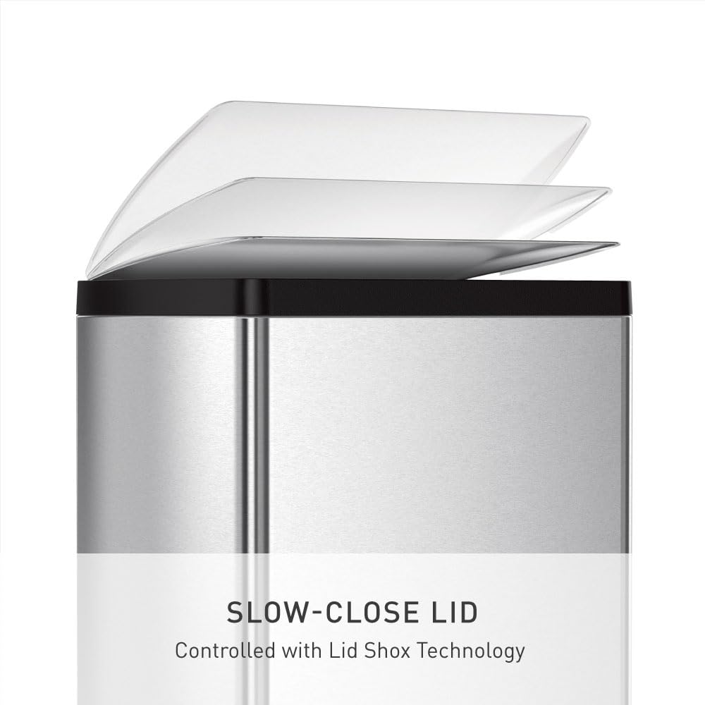 simplehuman Rectangular Dual Compartment Recycling Kitchen Step Trash Can, 46 Liter, Brushed Stainless Steel