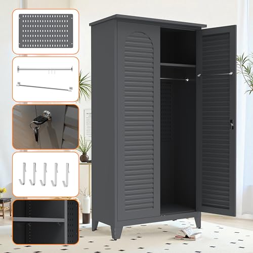 Shutter Metal Storage Cabinet,Waterproof 73'' Tall Freestanding Tool Chest w/ 3 Adjustable Shelves,Locking Doors,2 Hanging Rod,Utility Garage Storage Tool Cabinet for Garage,Home,Office,Outdoor,Black