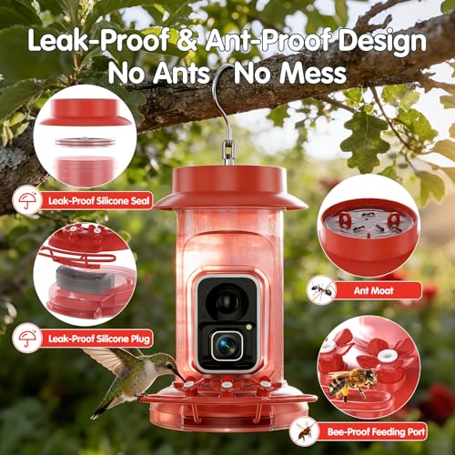 Humbirdy Hummingbird Feeder with Camera, 4K Ultra HD Video at 30fps, 10x Slow-Motion at 120fps,1.9in Closer Focus, No Subscription,Leak Proof, Ant Moat,Solar Powered, 2.4G&5G Wi-Fi,Bird Lover Gift