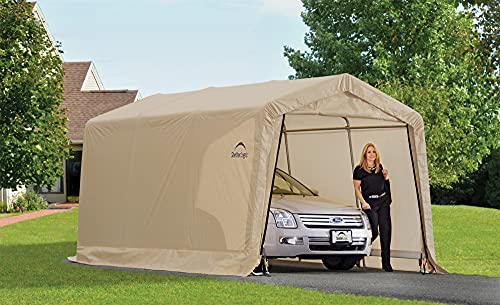 ShelterLogic 10' x 15' x 8' Peak Style Roof Instant Garage Carport Car Canopy with Steel Frame and Waterproof UV-Treated Cover, Sandstone