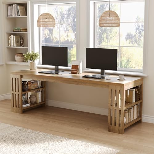 LITTLE TREE 78.7" Long Desk, 2 Person Desk with Shelves, Large Wooden Computer Desk, Heavy Duty Shelf Legs Design for Two Person Home Office, Business, Workstation, Natural (78.7" W x 23.6" D)