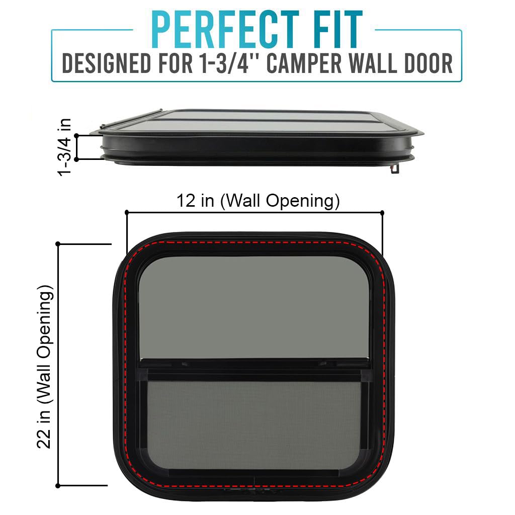 ProFlex RV Vertical Sliding Window 12" W x 22" H – Heavy Duty Ultra Thick Tempered Glass, RV Camper Windows Replacement with Trim for 1-1/2’’ Wall Thickness – Easy Installation, DOT Certified