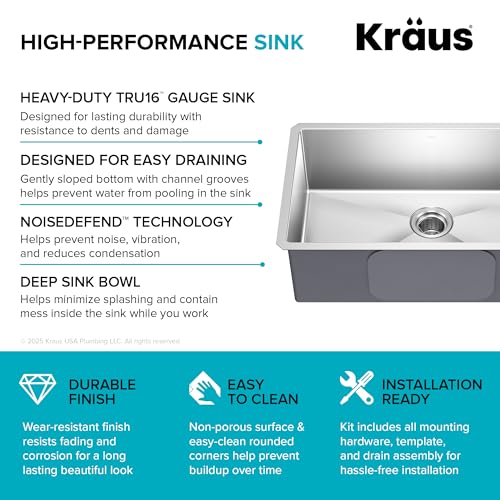 KRAUS Standart Pro 30 -inch Undermount Single Bowl 16 Gauge Stainless Steel Kitchen Sink, KHU100-30